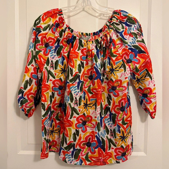 Hester & Orchard Linen Blend Bright Floral 3/4 Sleeve Top S - Picture 1 of 8